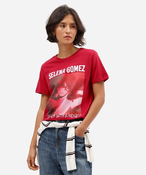 camiseta feminina de algodão manga curta selena gomez vermelha