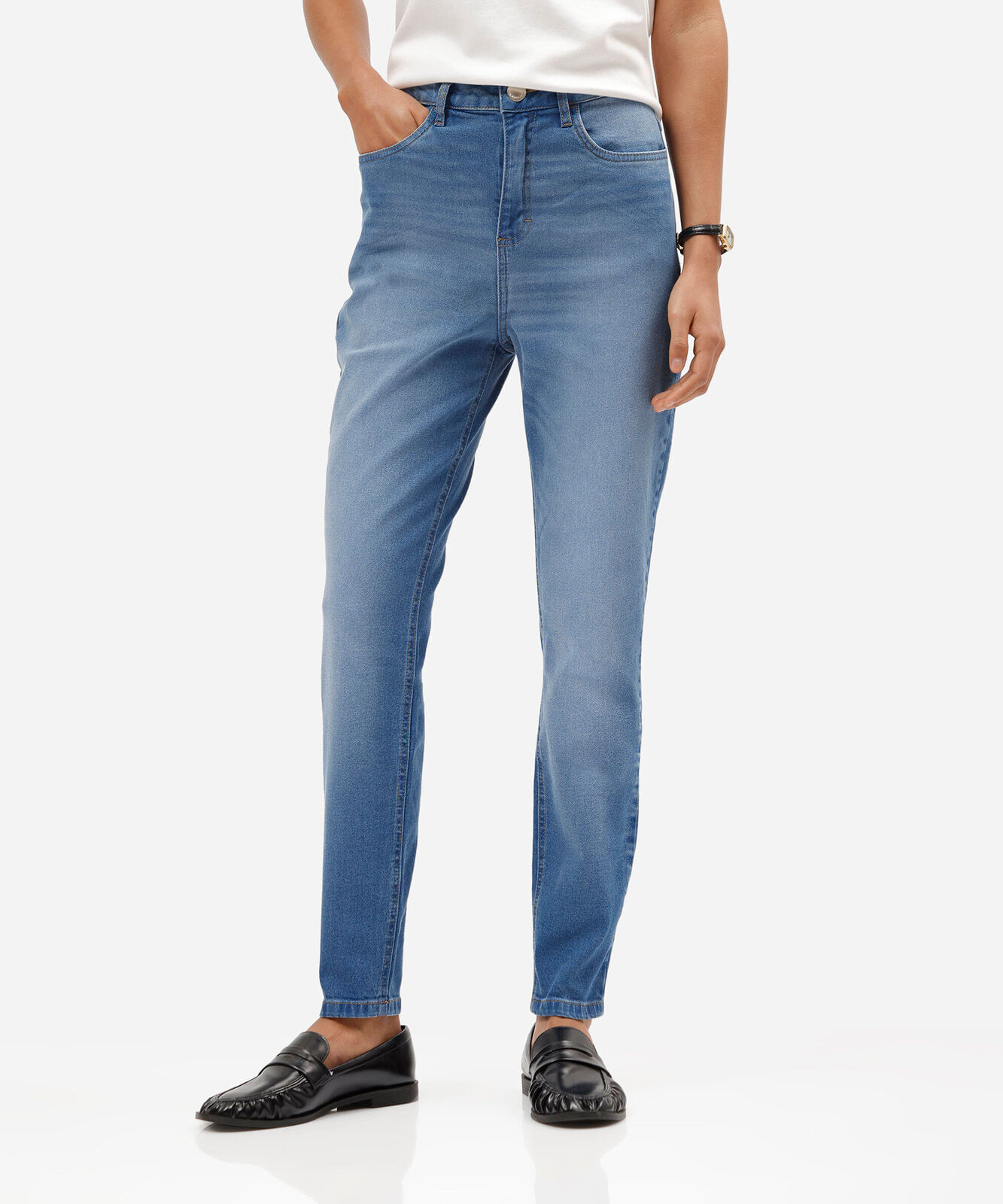 calça jeans skinny cintura super alta stretch com lavagem marmorizada azul