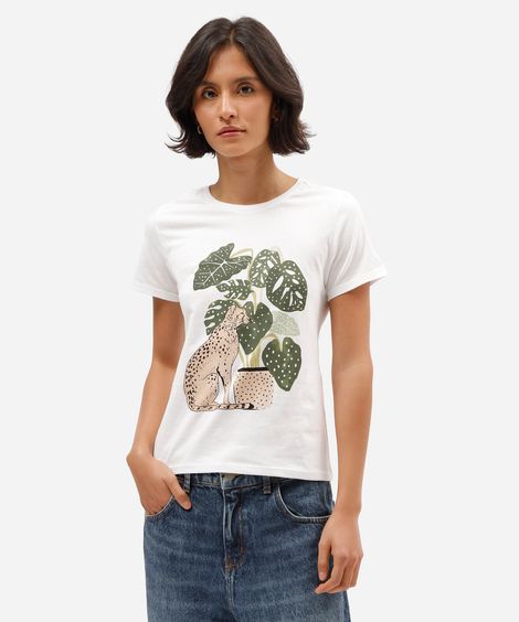 camiseta feminina de algodão manga curta estampada off white