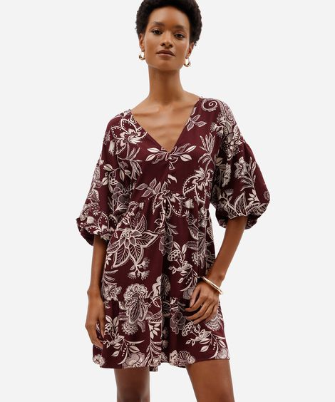 vestido curto feminino de viscose manga bufante  floral roxo