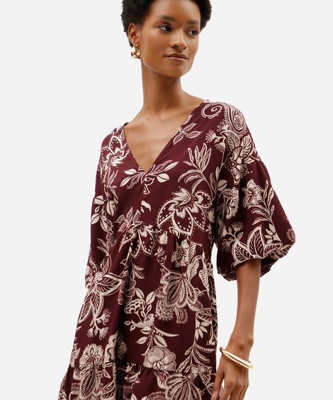 vestido curto feminino de viscose manga bufante  floral roxo