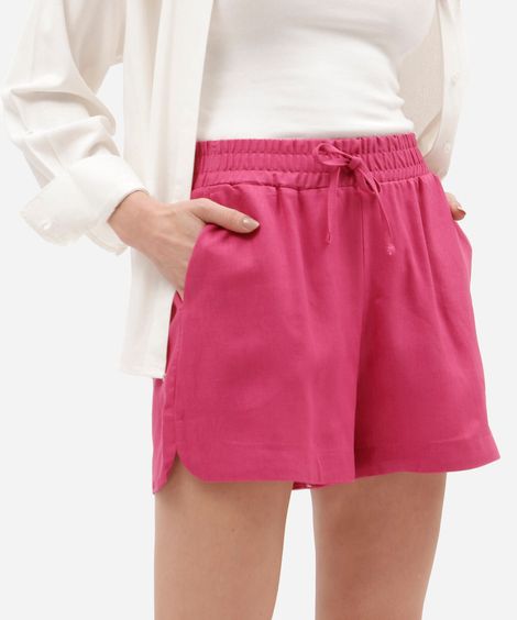 shorts feminino de linho e viscose com amarração rosa