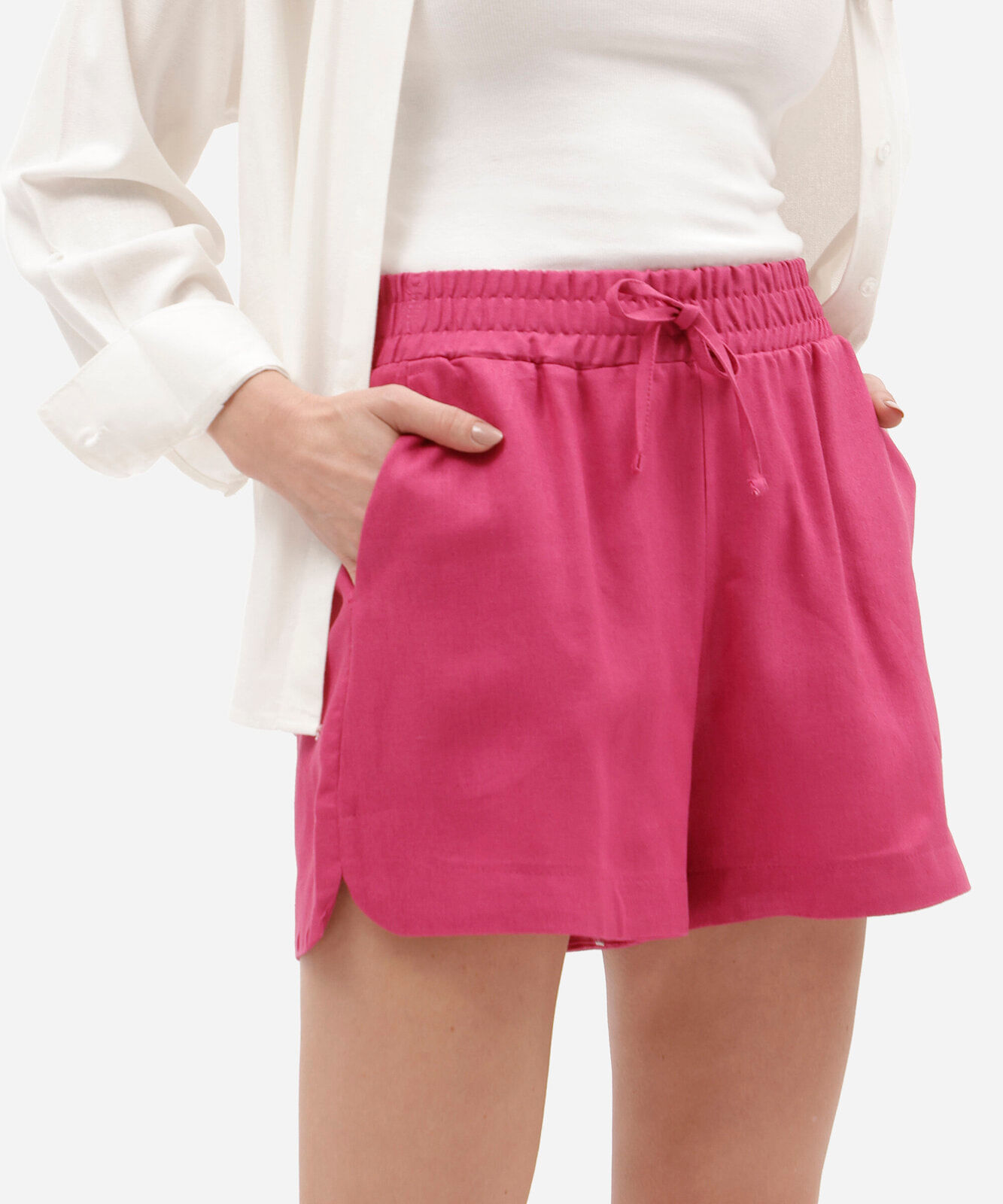 shorts feminino de linho e viscose com amarração rosa