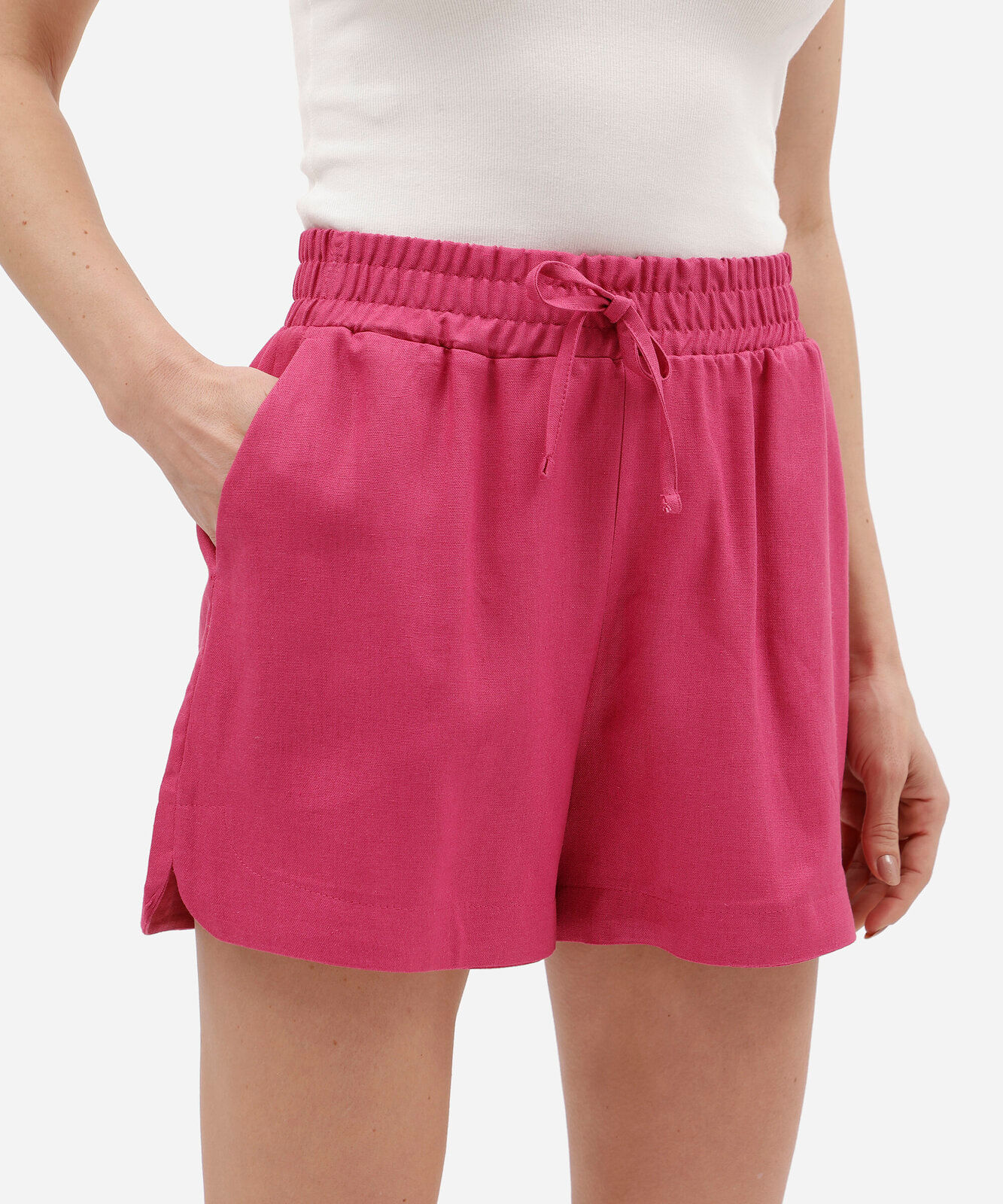 shorts feminino de linho e viscose com amarração rosa
