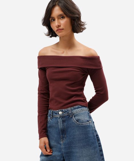 blusa ombro a ombro feminina de algodão manga longa canelada vinho