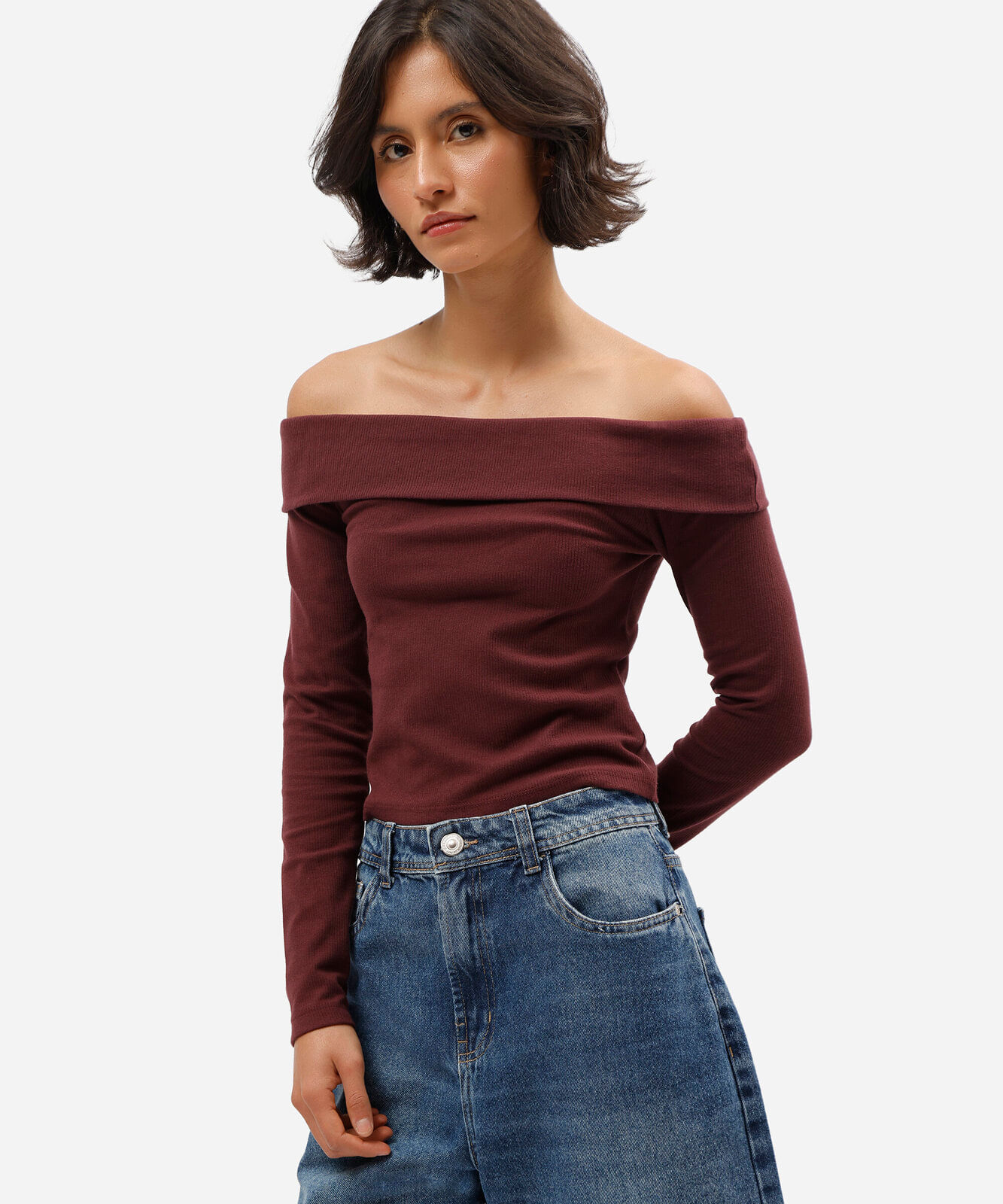 blusa ombro a ombro feminina de algodão manga longa canelada vinho