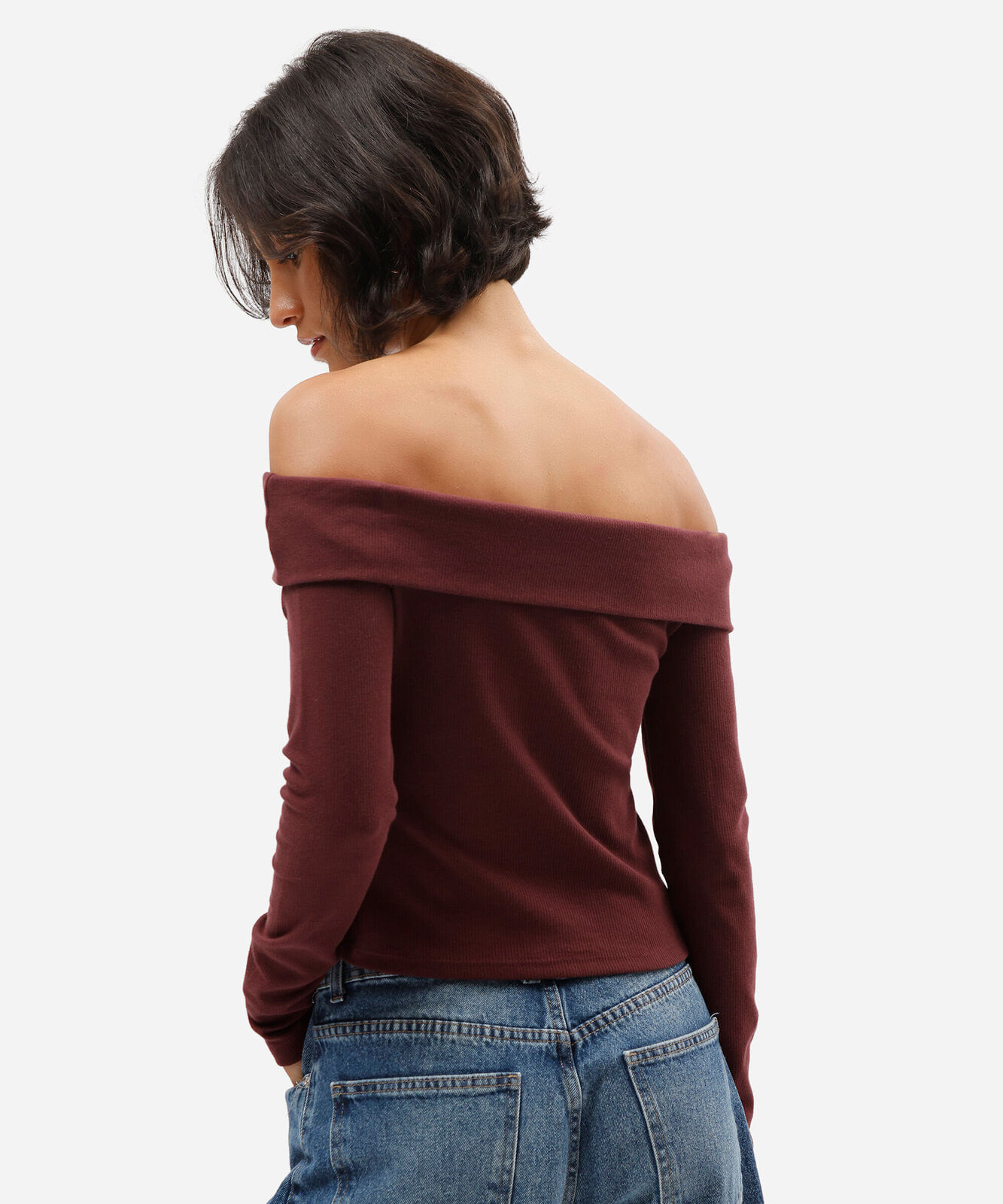 blusa ombro a ombro feminina de algodão manga longa canelada vinho