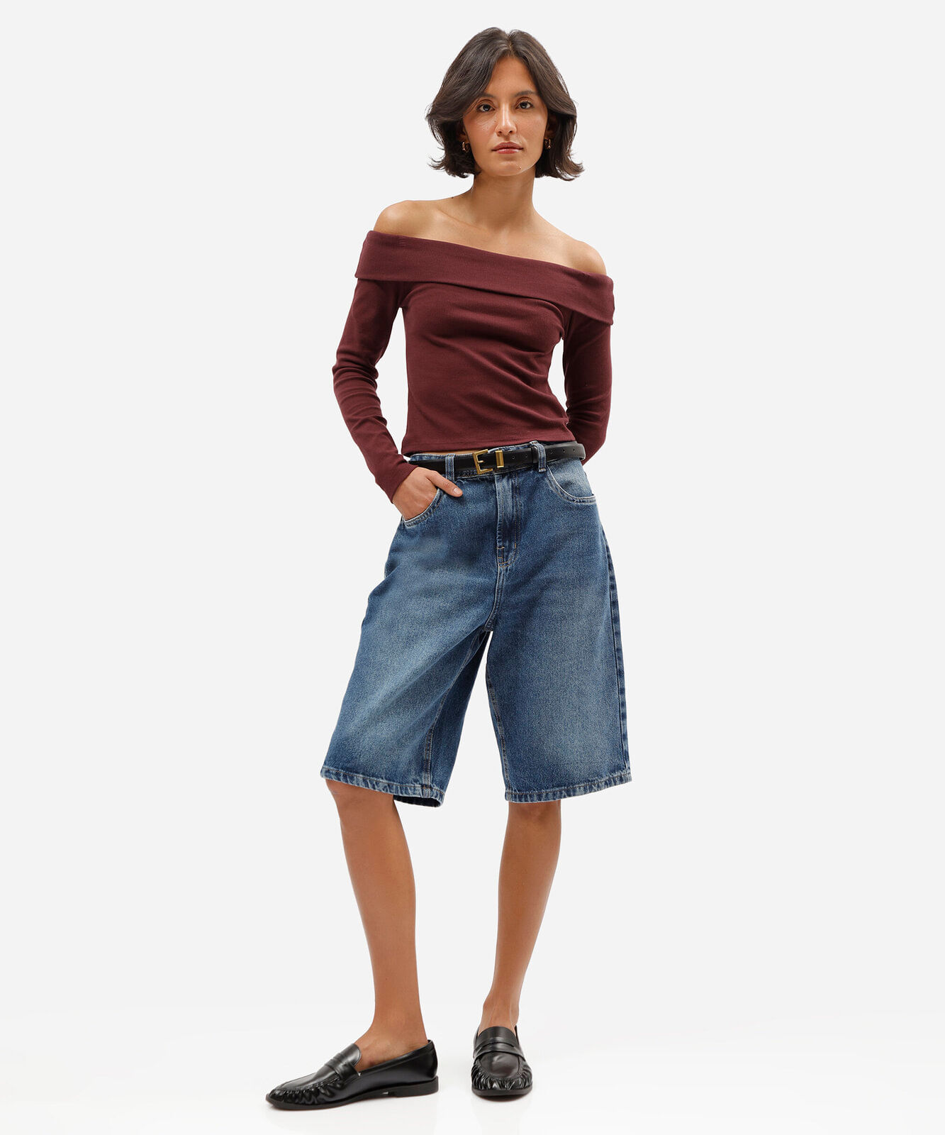 blusa ombro a ombro feminina de algodão manga longa canelada vinho