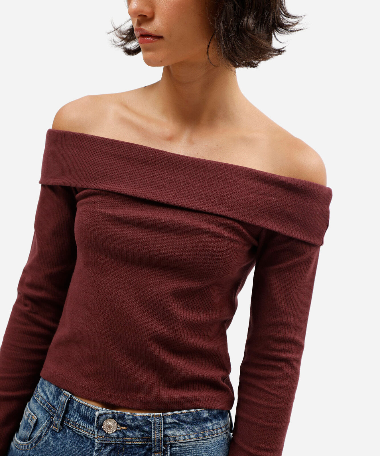 blusa ombro a ombro feminina de algodão manga longa canelada vinho
