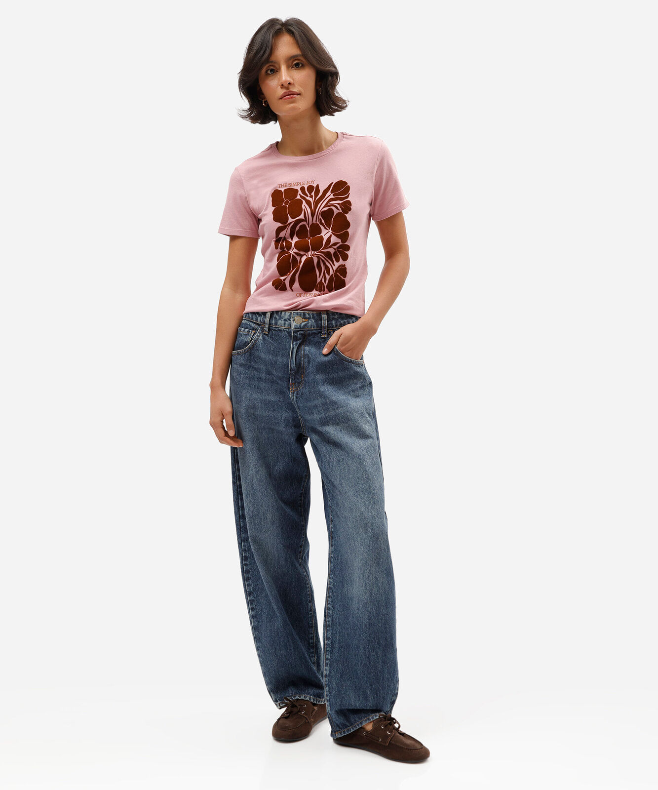 camiseta feminina de algodão manga curta floral rosa