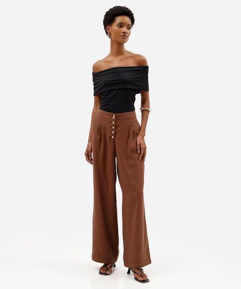 calça reta feminina com pregas cintura alta marrom