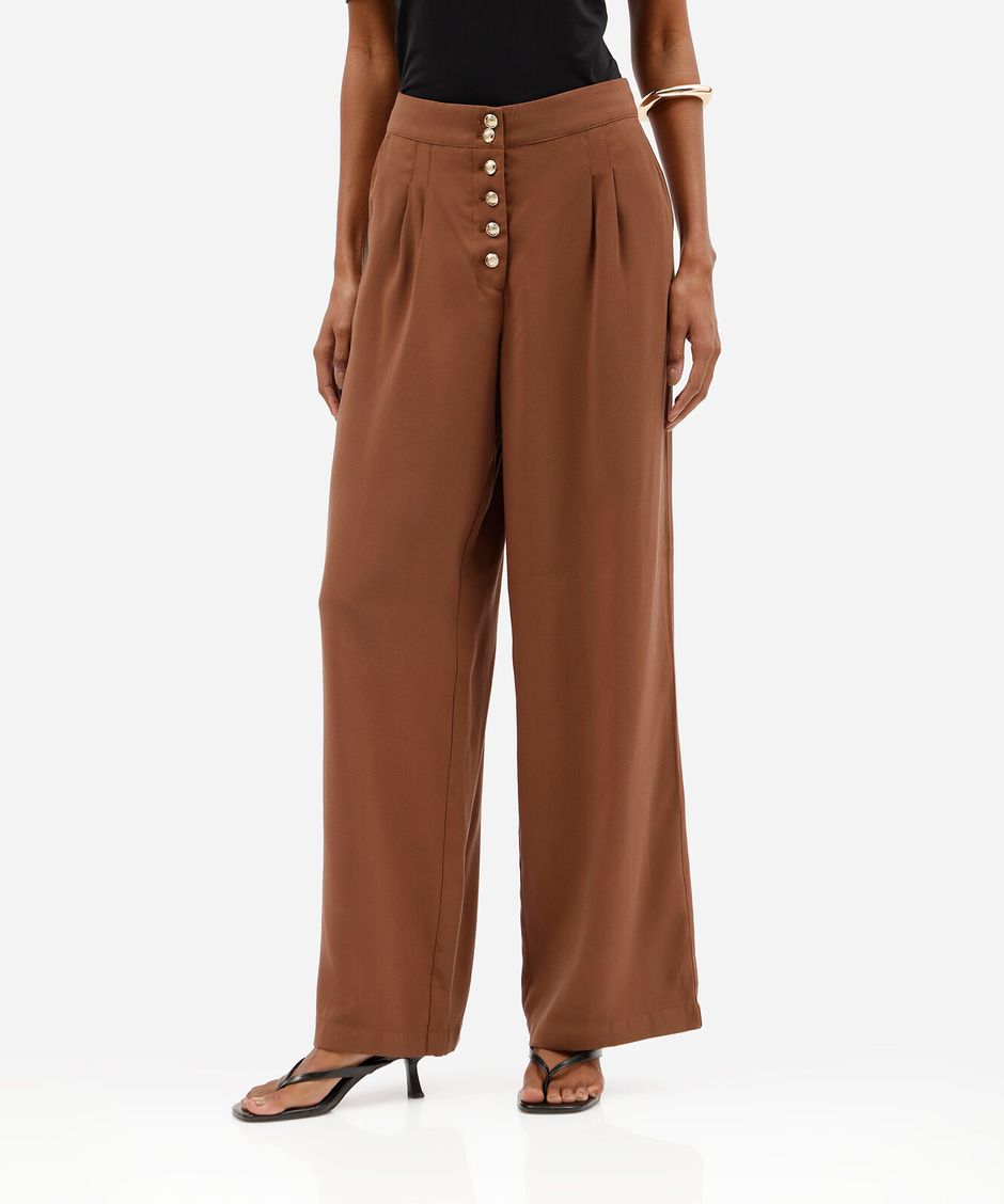 calça reta feminina com pregas cintura alta marrom