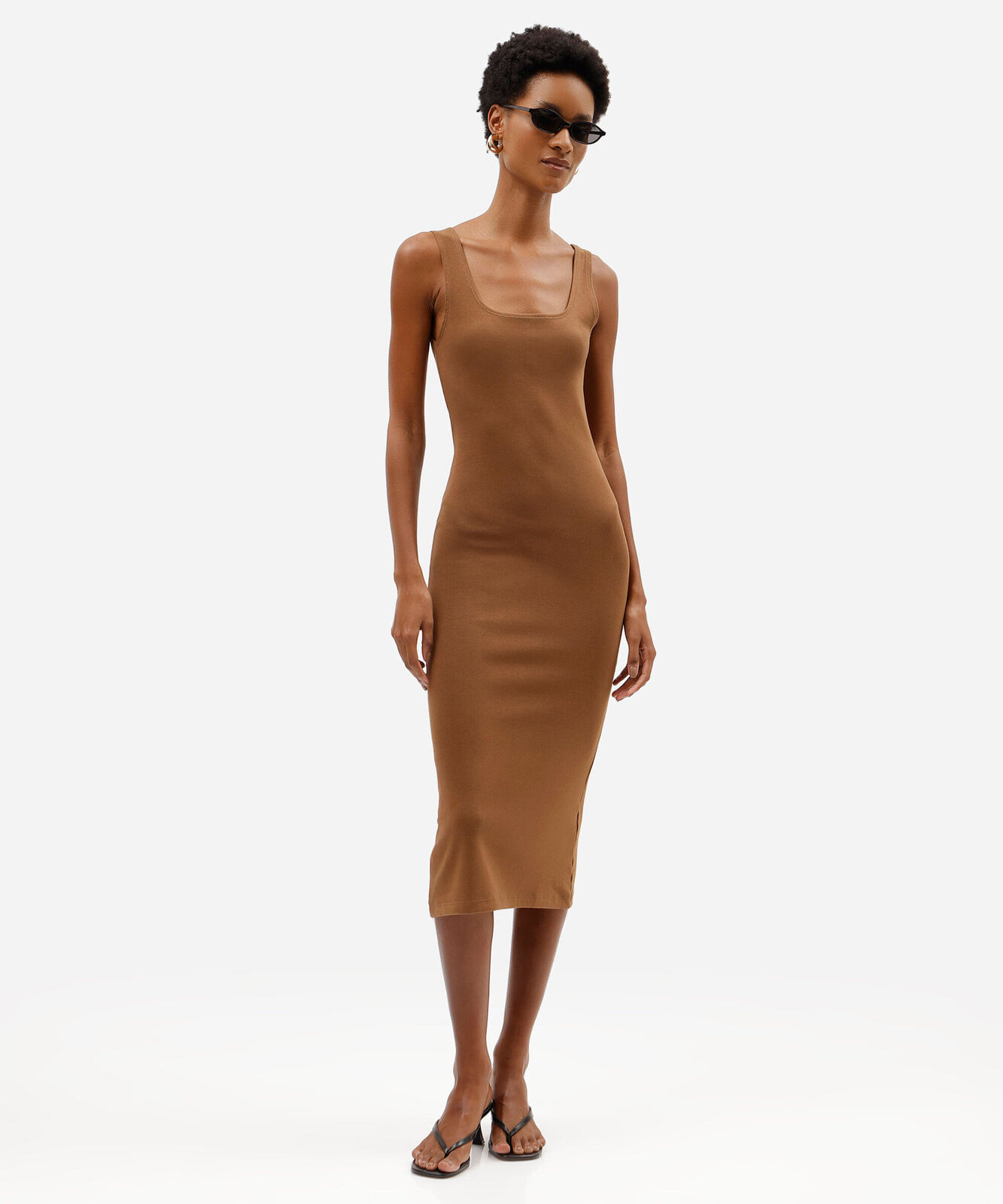 vestido midi feminino de algodão decote quadrado básico marrom