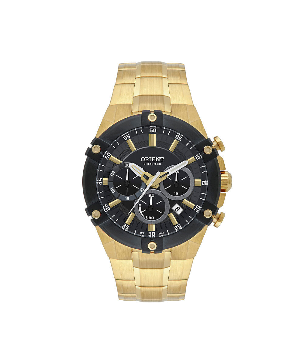 relógio masculino orient solartech cronógrafo mgssc064 g1kx dourado