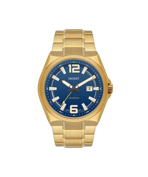 relógio masculino orient solartech analógico calendário mgss1301 d2kx dourado