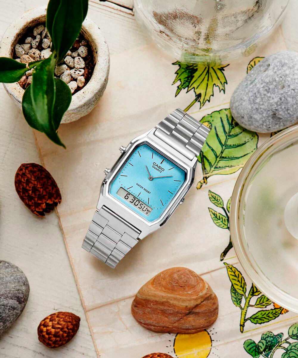 relógio feminino casio analógico digital aq 230a 2a1mqydf prateado