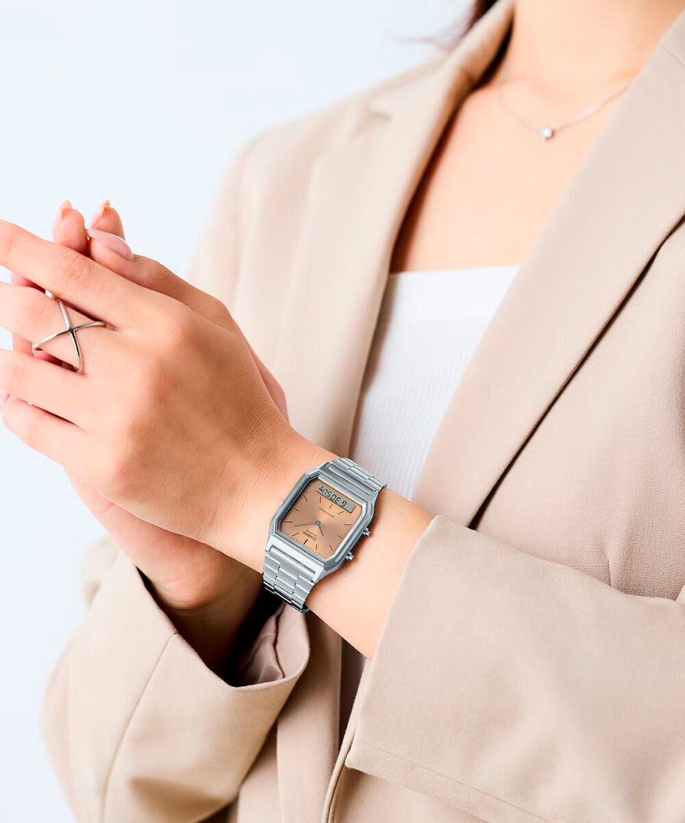 relógio feminino casio analógico digital aq 230a 4amqydf prateado
