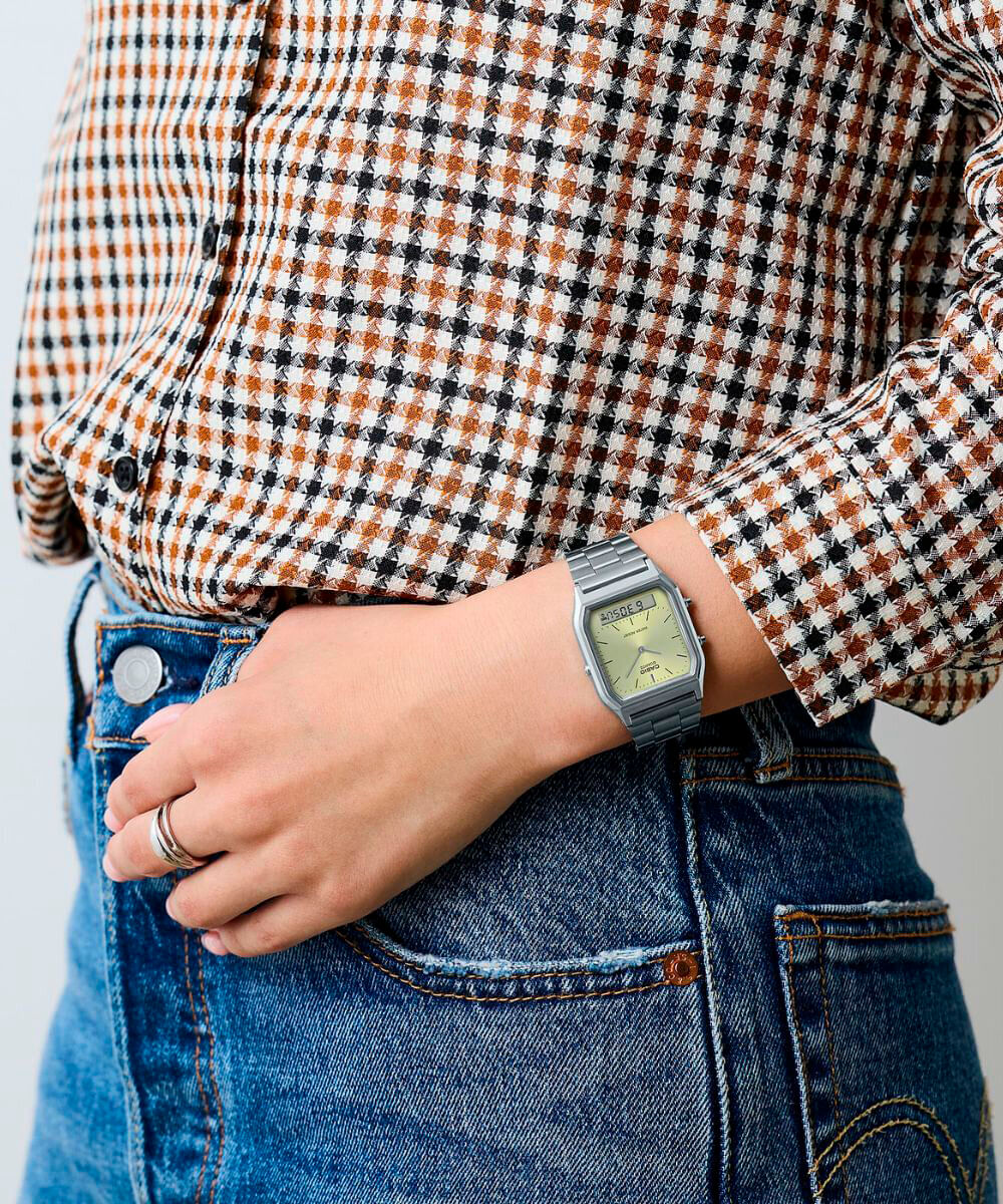 relógio feminino casio analógico digital aq 230a 9amqydf prateado