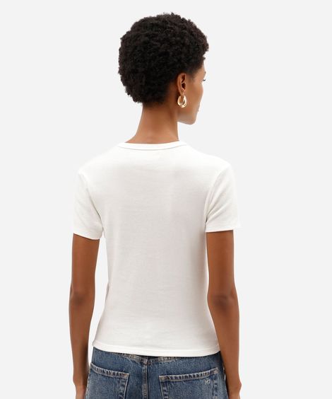 blusa básica feminina baby look de manga curta em malha ribana off white