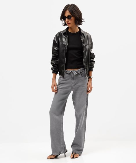 calça wide leg slim feminina jeans cós dobrado cinza