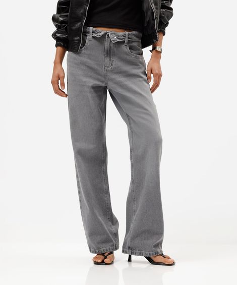 calça wide leg slim feminina jeans cós dobrado cinza