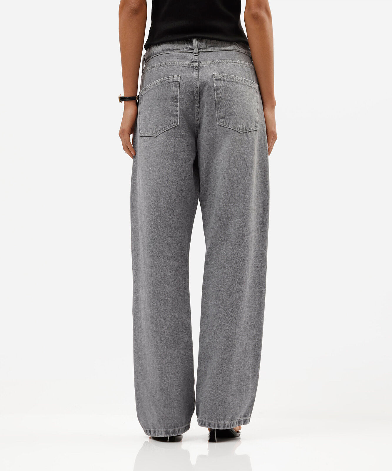 calça wide leg slim feminina jeans cós dobrado cinza