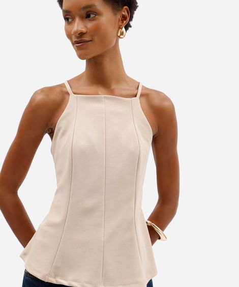 regata peplum feminina alça fina com recortes bege