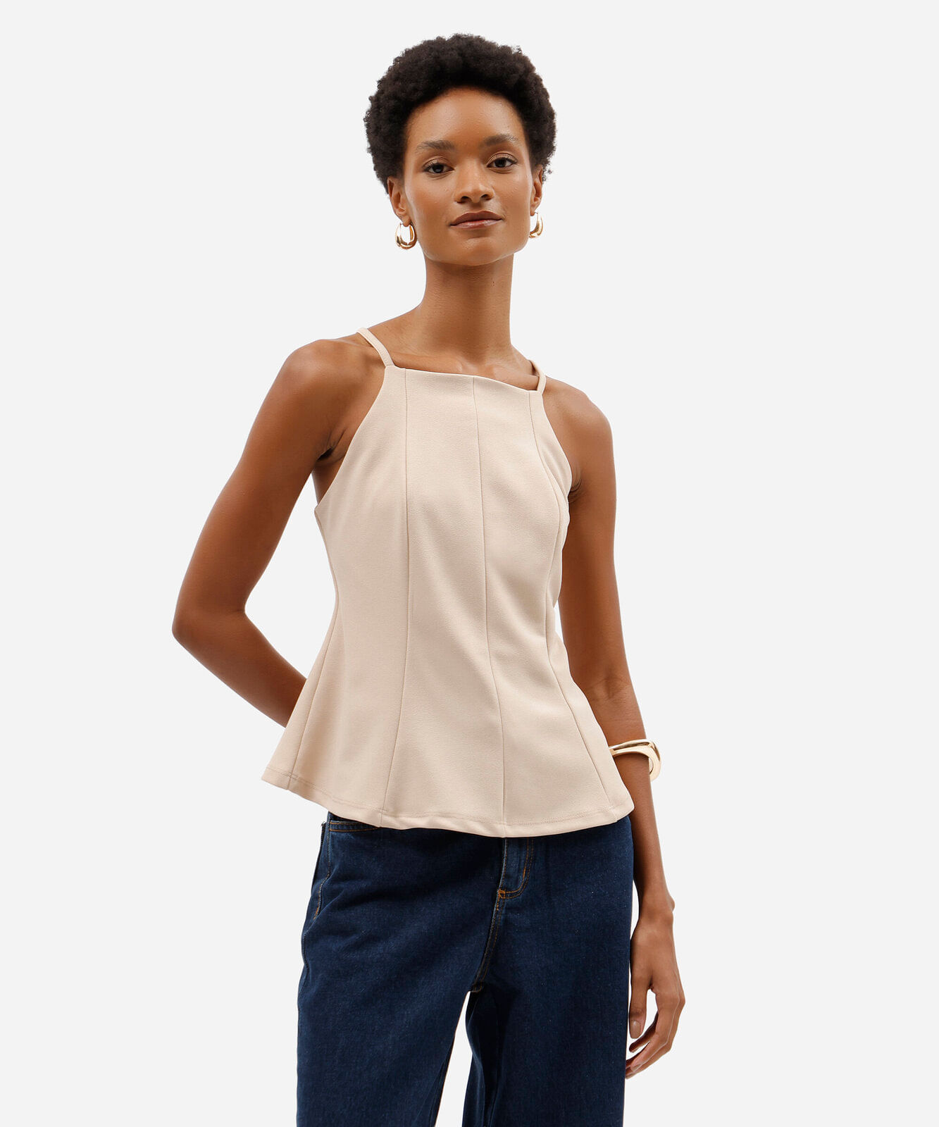 regata peplum feminina alça fina com recortes bege