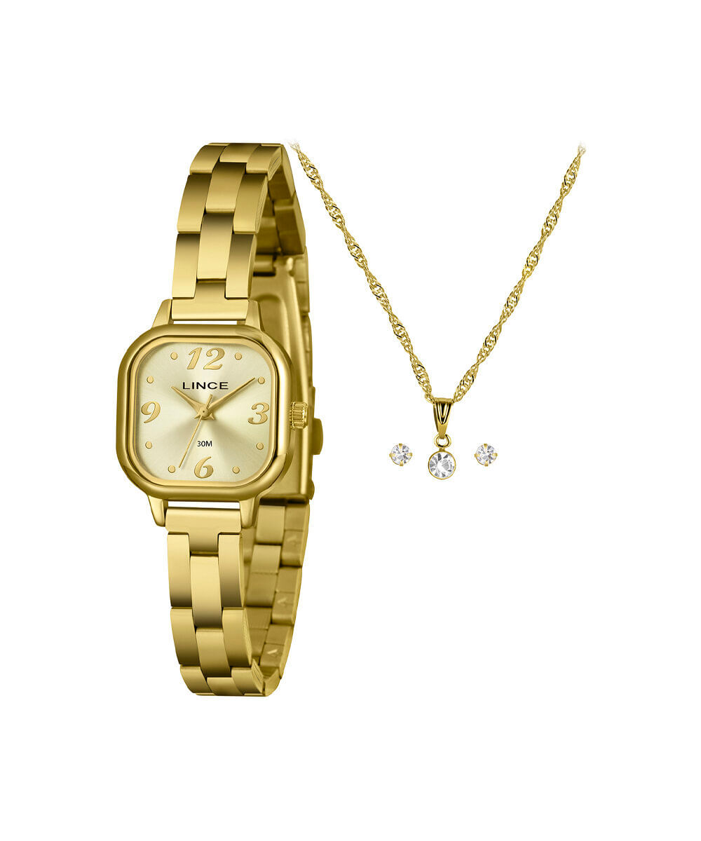 kit relógio feminino lince analógico lqgm084l23 k0luc2kx dourado