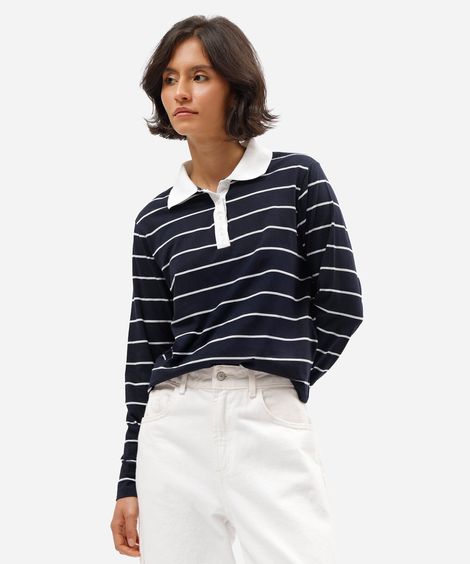 polo feminina com algodão manga longa listrada azul