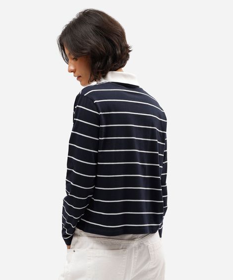 polo feminina com algodão manga longa listrada azul