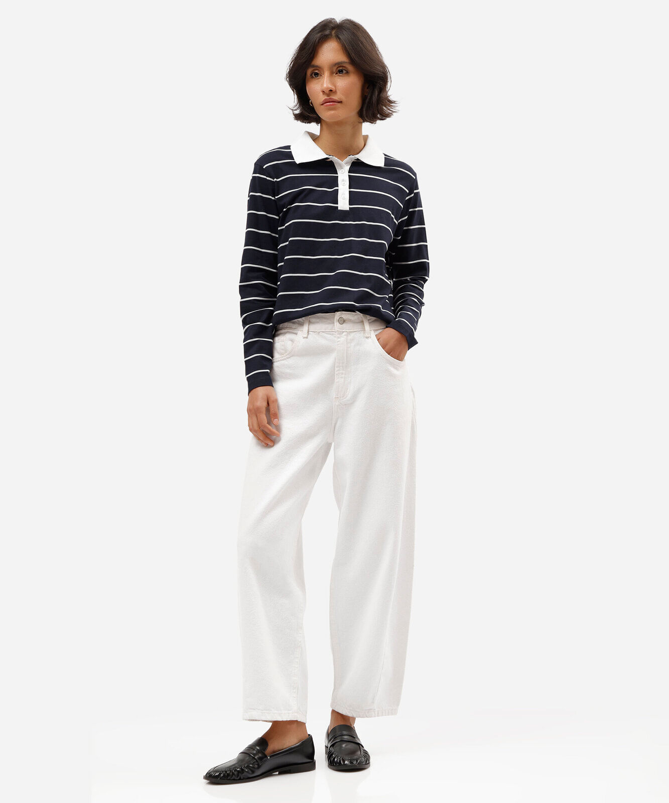 polo feminina com algodão manga longa listrada azul