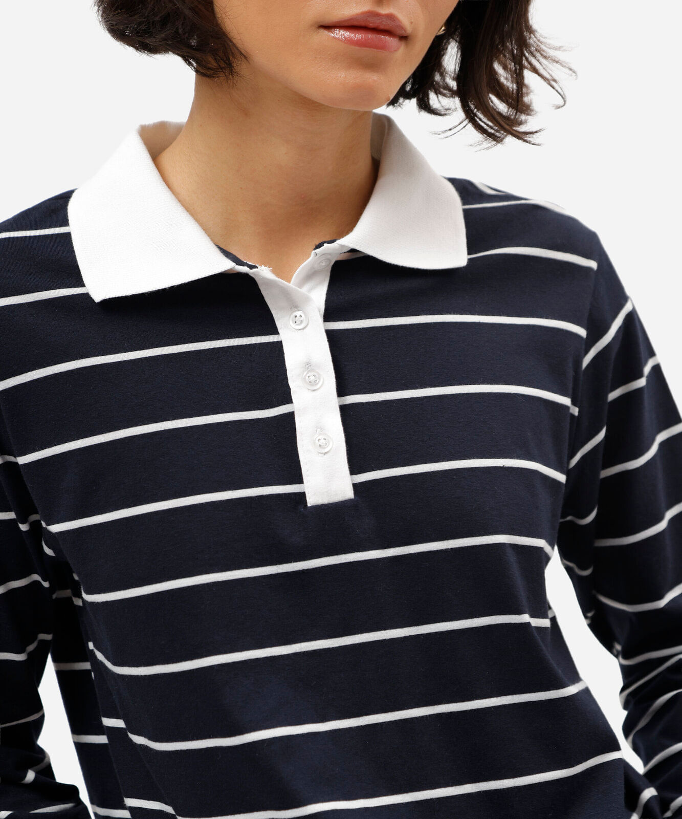 polo feminina com algodão manga longa listrada azul