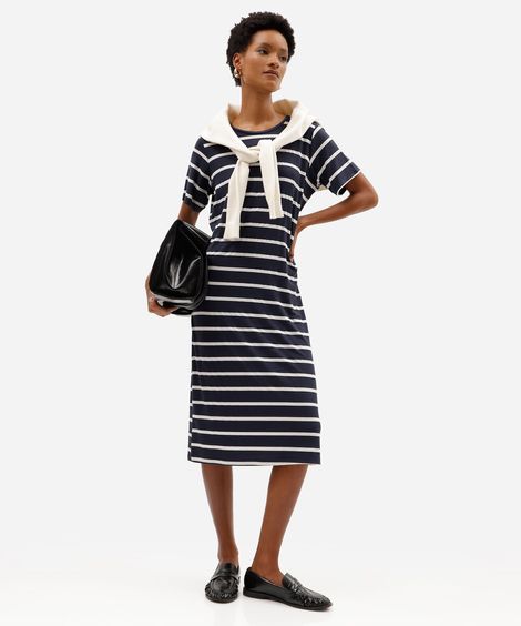 vestido midi feminino com viscose manga curta listrado azul
