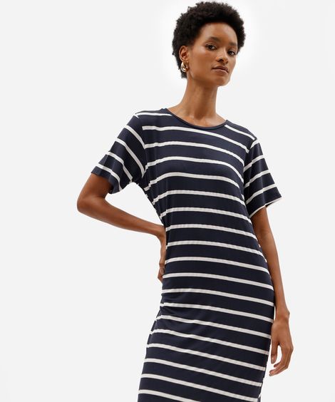 vestido midi feminino com viscose manga curta listrado azul