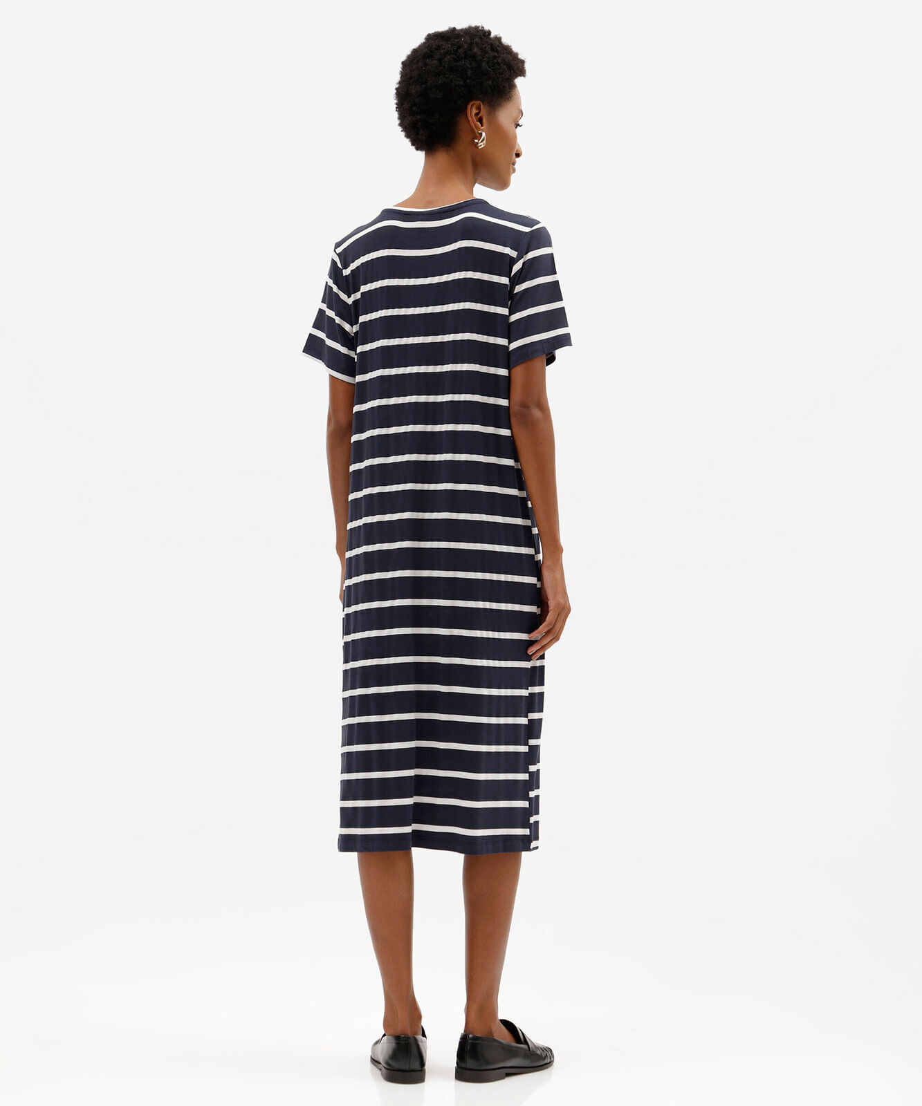 vestido midi feminino com viscose manga curta listrado azul