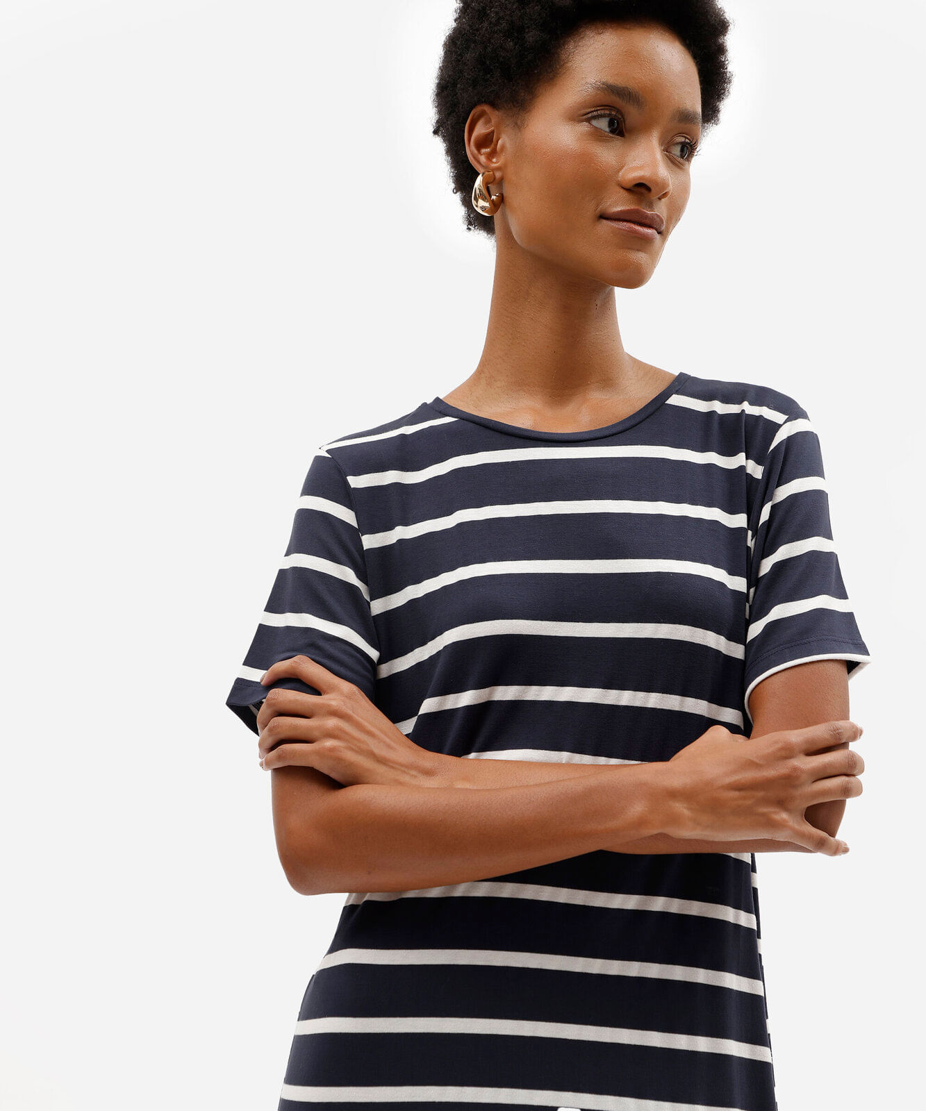 vestido midi feminino com viscose manga curta listrado azul