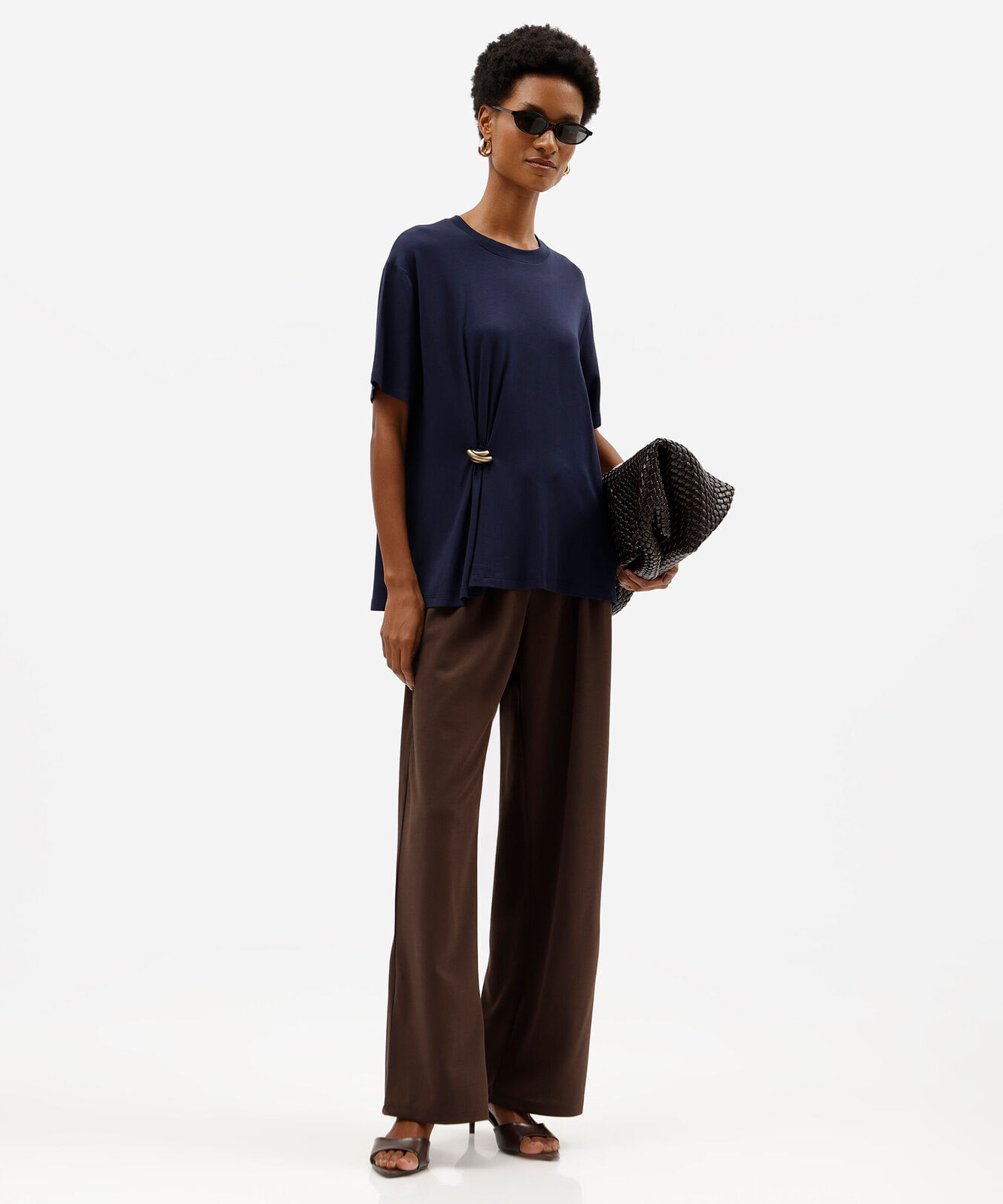 blusa oversized feminina de viscose manga curta com fivela azul