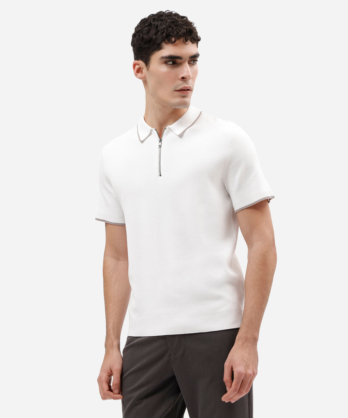 camisa polo masculina slim de tricô com zíper off white
