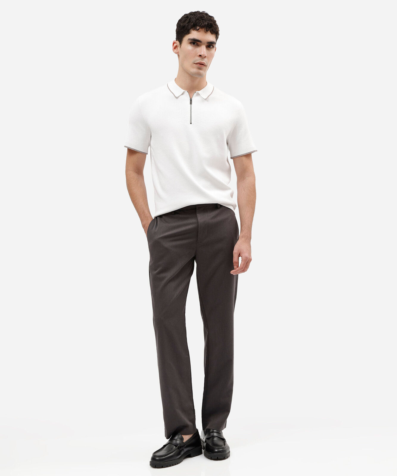 camisa polo masculina slim de tricô com zíper off white