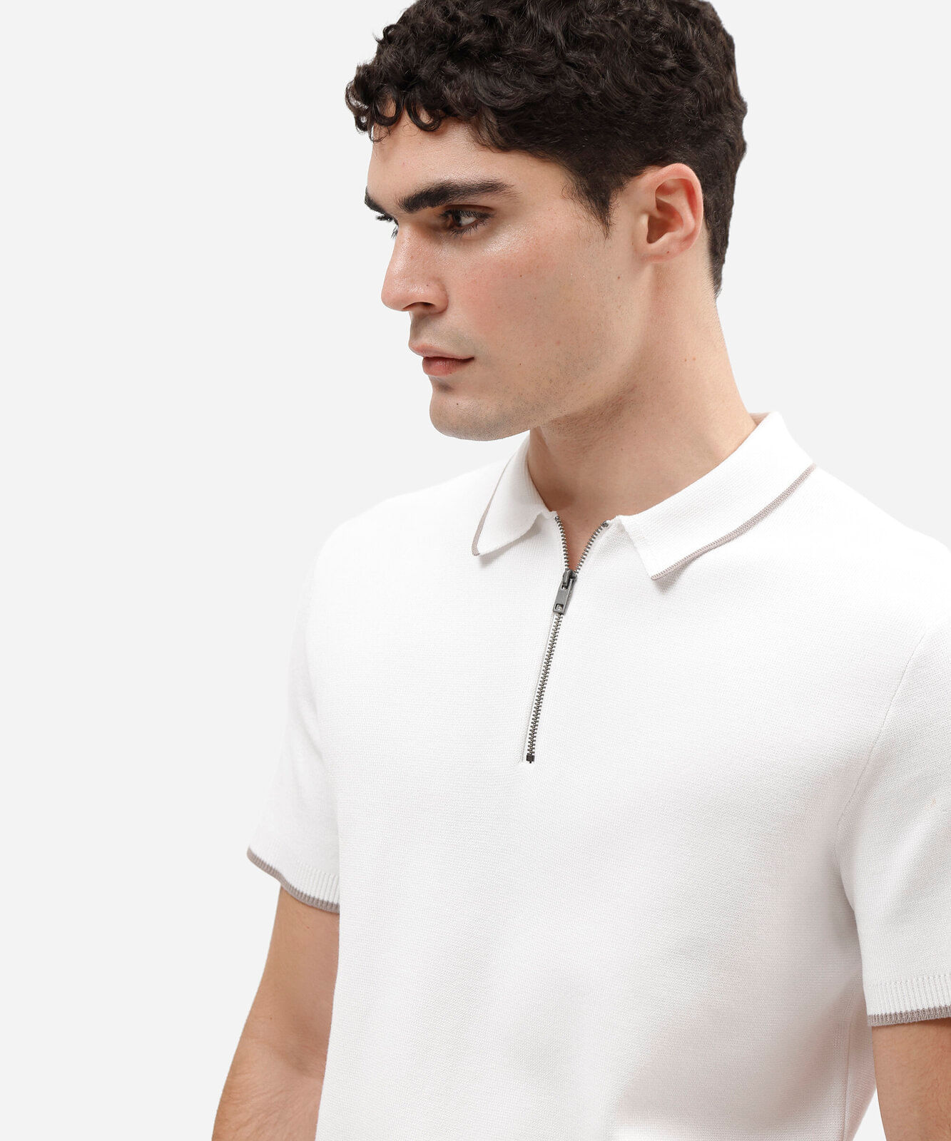 camisa polo masculina slim de tricô com zíper off white