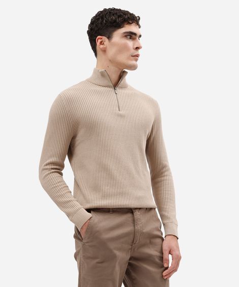 suéter masculino de tricot gola alta com zíper canelado bege