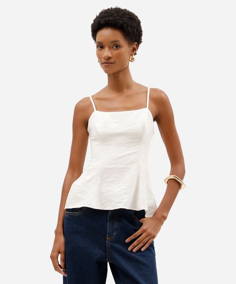 top peplum feminino de alças finas em tecido plano off white