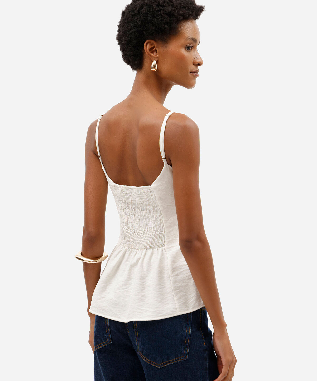 top peplum feminino de alças finas em tecido plano off white