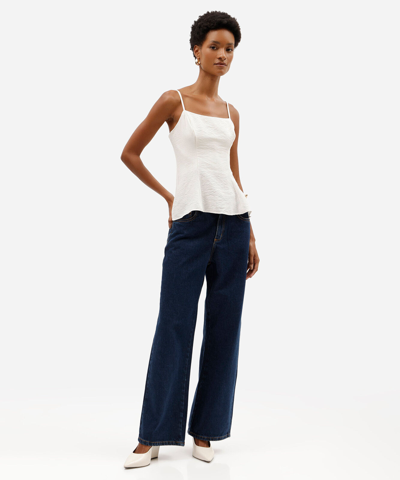 top peplum feminino de alças finas em tecido plano off white
