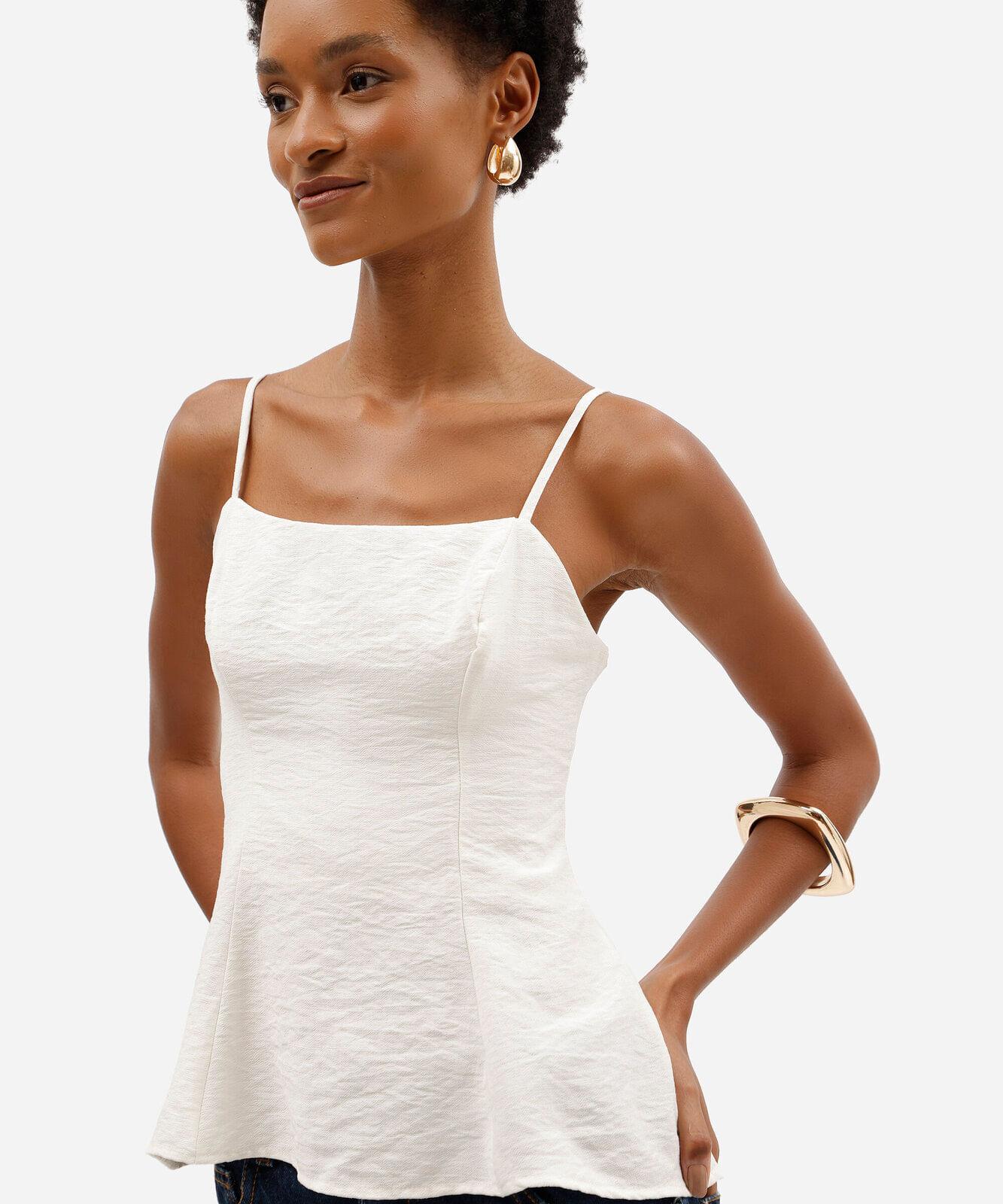 top peplum feminino de alças finas em tecido plano off white