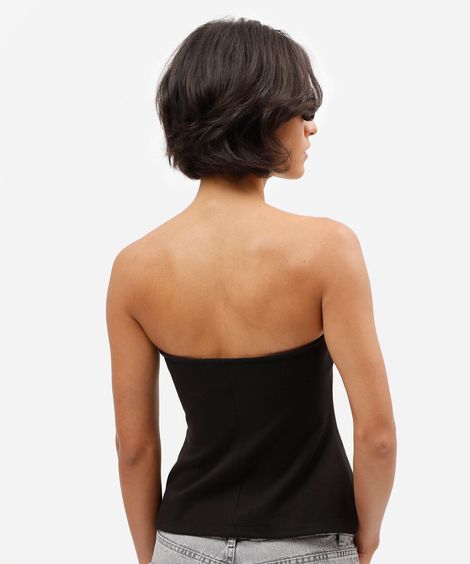 top feminino estruturado estilo corset sem alças com decote coração preto