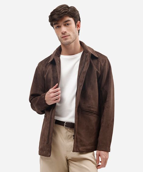 jaqueta masculina de suede com bolsos marrom