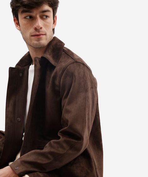 jaqueta masculina de suede com bolsos marrom