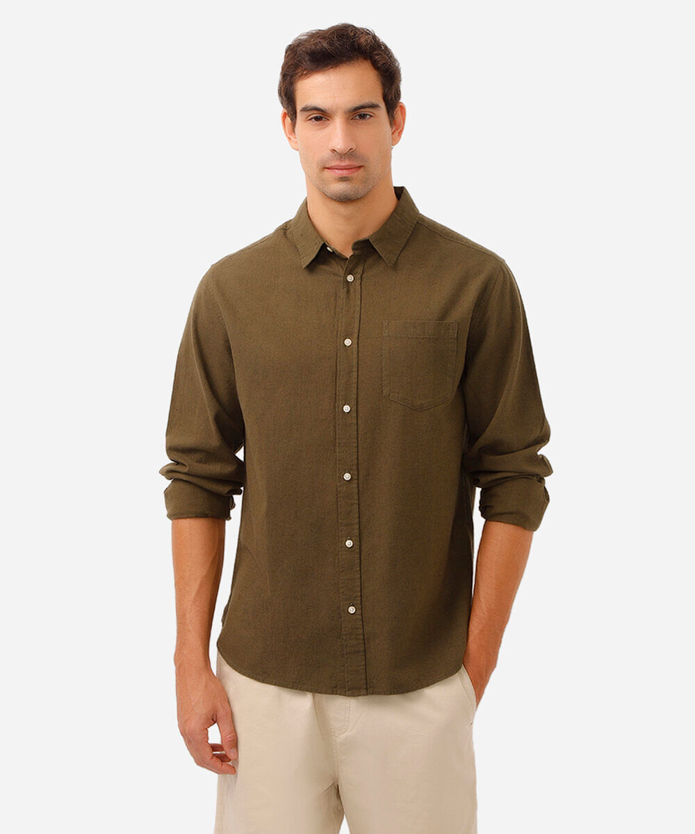camisa comfort com linho manga longa verde